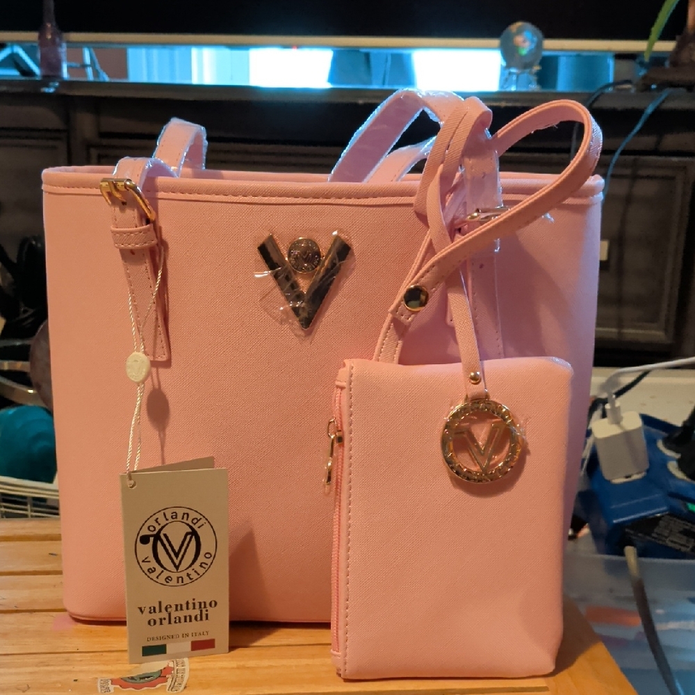 Valentino Orlandi Light Pink Tote and Pouch Set